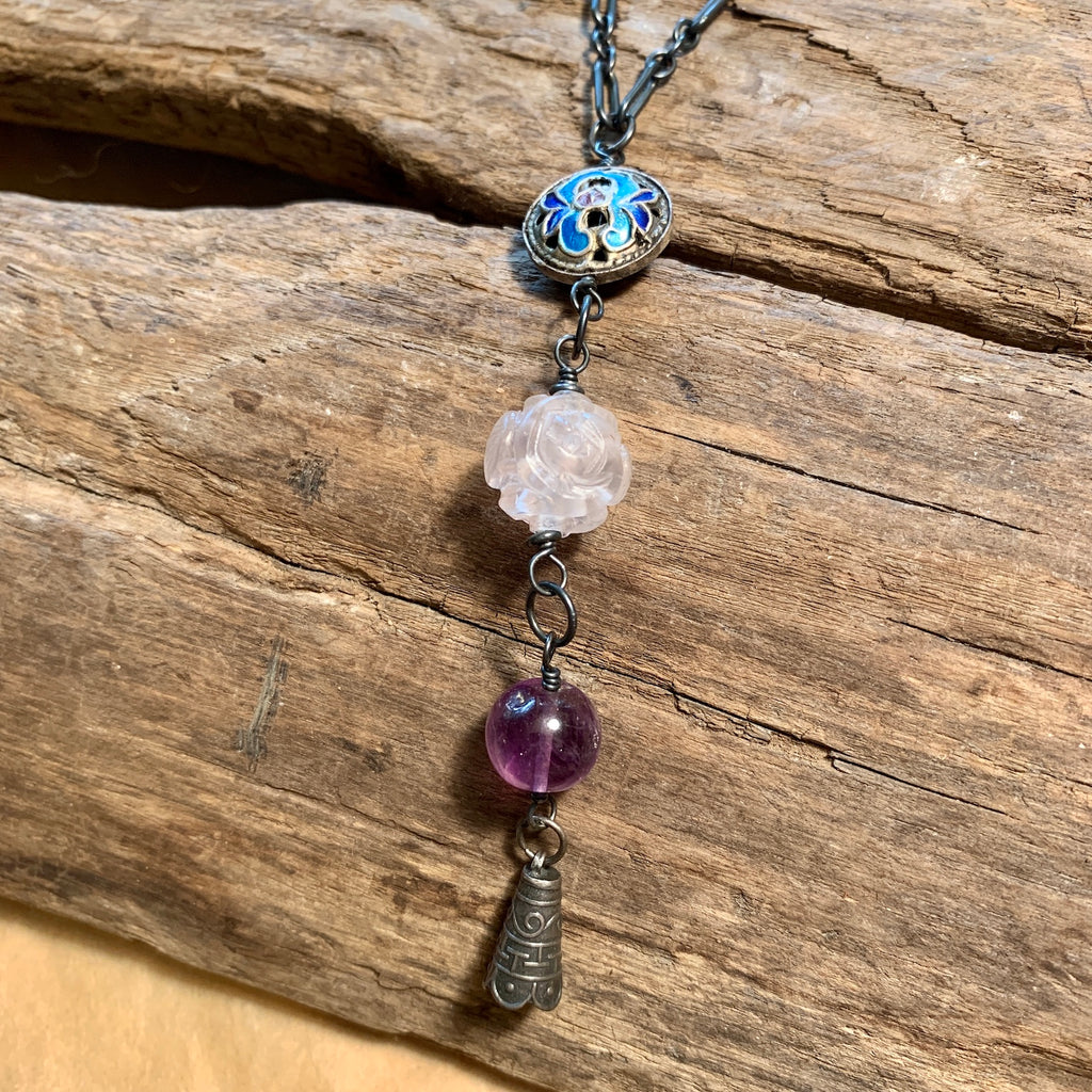 Rose Quartz, Amethyst & Cloisonné Necklace