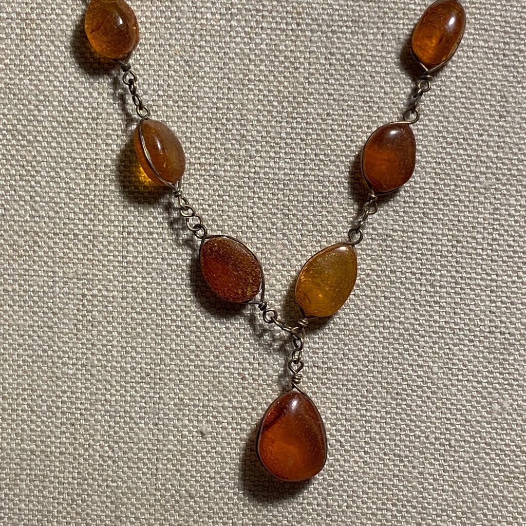 Vintage Amber Necklace, Wrapped Ovals