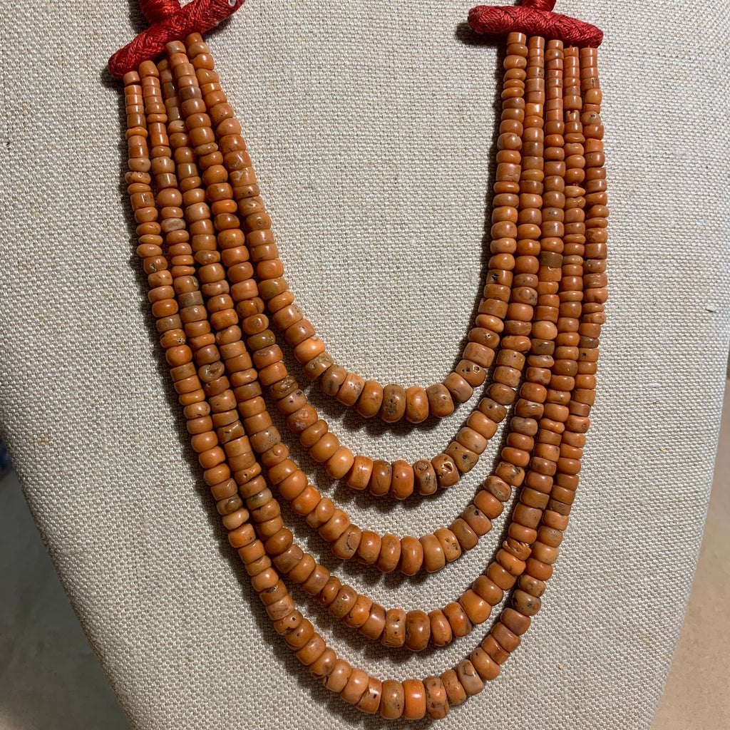 5-Strand of Orange Antique Uzbek Coral Necklace