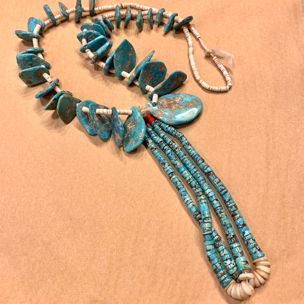 Turquoise Tab Necklace with Shell Beads and Jacla - Four Winds Gallery