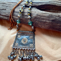 Antique Afghan Pendant & Vaseline Bead Necklace