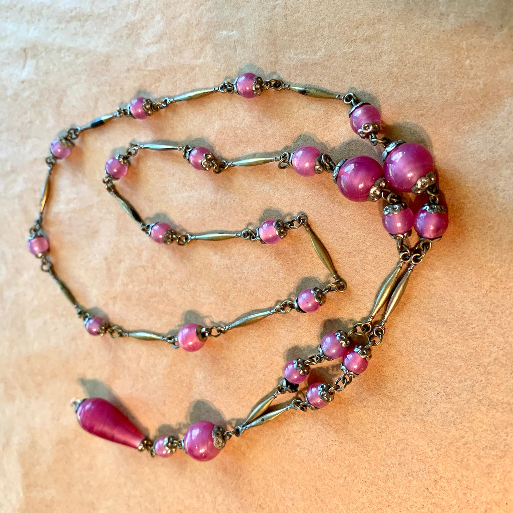 Necklace - Ceramic SHORT - Pink Clay beads with Antique Gold