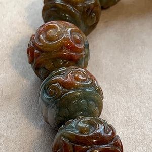 13mm Green & Rust Jade Carved Bead