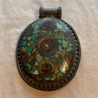 Vintage Coin Silver with Red Glass & Turquoise Pendant, Nepal