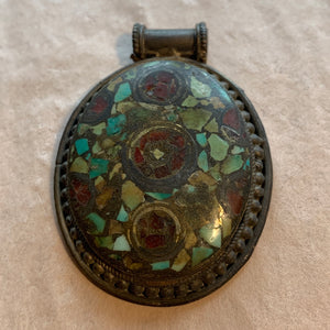 Vintage Coin Silver with Red Glass & Turquoise Pendant, Nepal