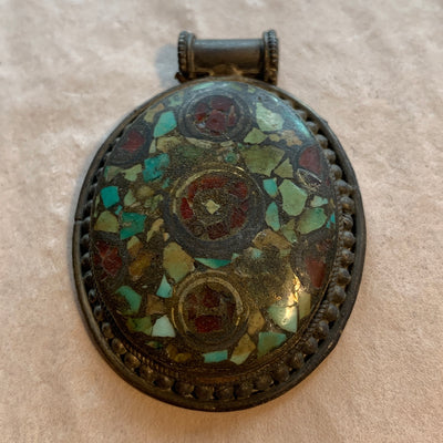 Vintage Coin Silver with Red Glass & Turquoise Pendant, Nepal