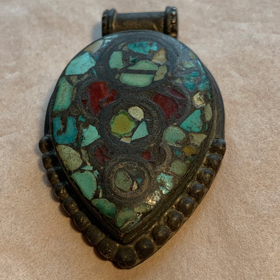 Vintage Coin Silver with Red Glass & Turquoise Pendant, Nepal