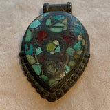 Vintage Coin Silver with Red Glass & Turquoise Pendant, Nepal