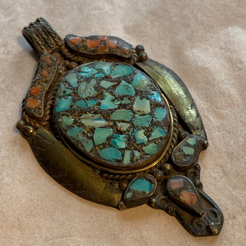 Vintage Brass with Coral & Turquoise Pendant, Nepal