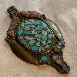 Vintage Brass with Coral & Turquoise Pendant, Nepal