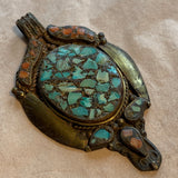 Vintage Brass with Coral & Turquoise Pendant, Nepal