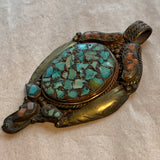 Vintage Brass with Coral & Turquoise Pendant, Nepal