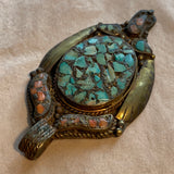 Vintage Brass with Coral & Turquoise Pendant, Nepal