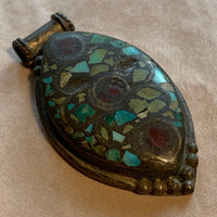 Vintage Coin Silver with Red Glass & Turquoise Pendant, Nepal