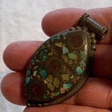 Vintage Coin Silver with Red Glass & Turquoise Pendant, Nepal