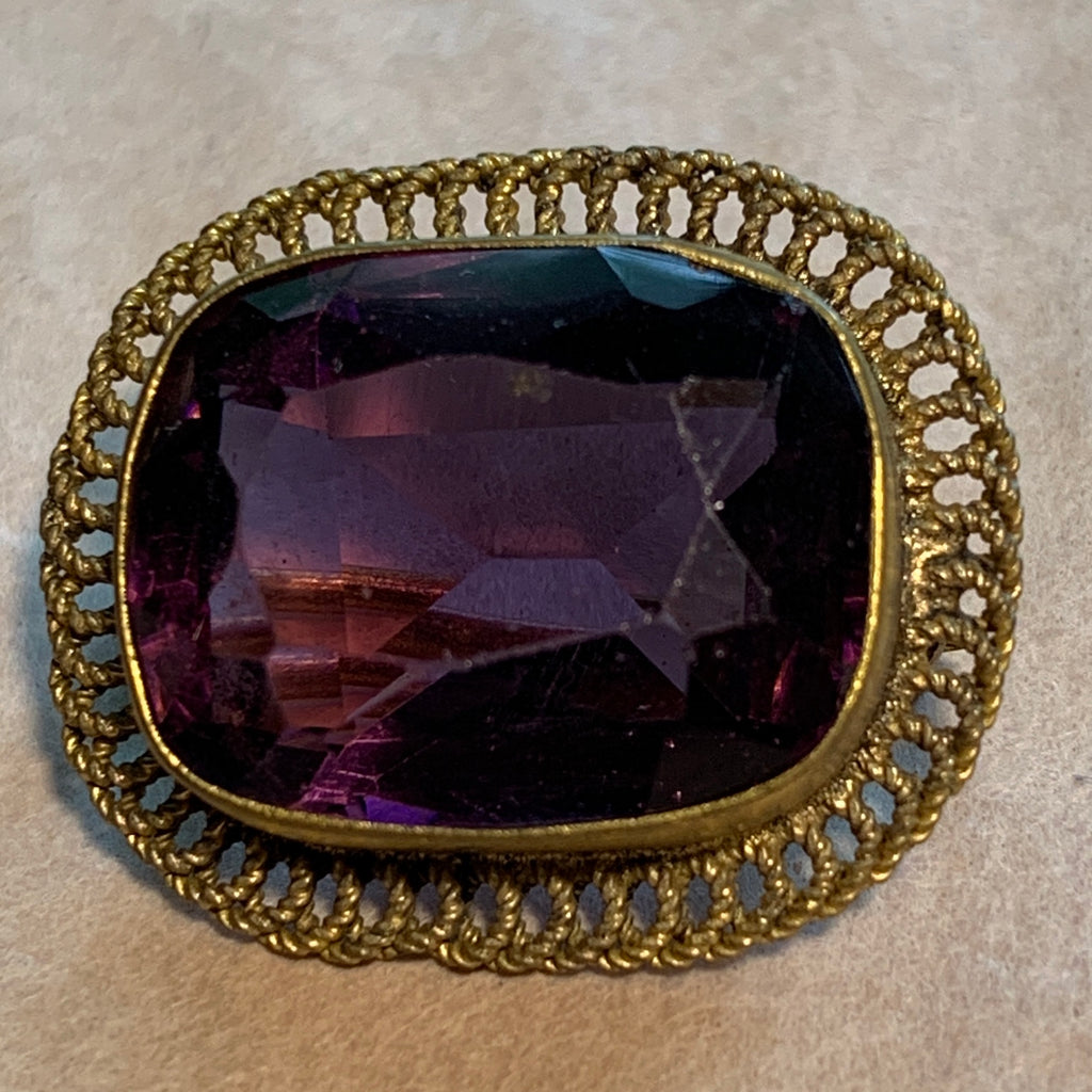 Vintage Brass Brooch, Amethyst Glass Stone
