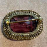 Vintage Brass Brooch, Amethyst Glass Stone