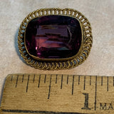Vintage Brass Brooch, Amethyst Glass Stone