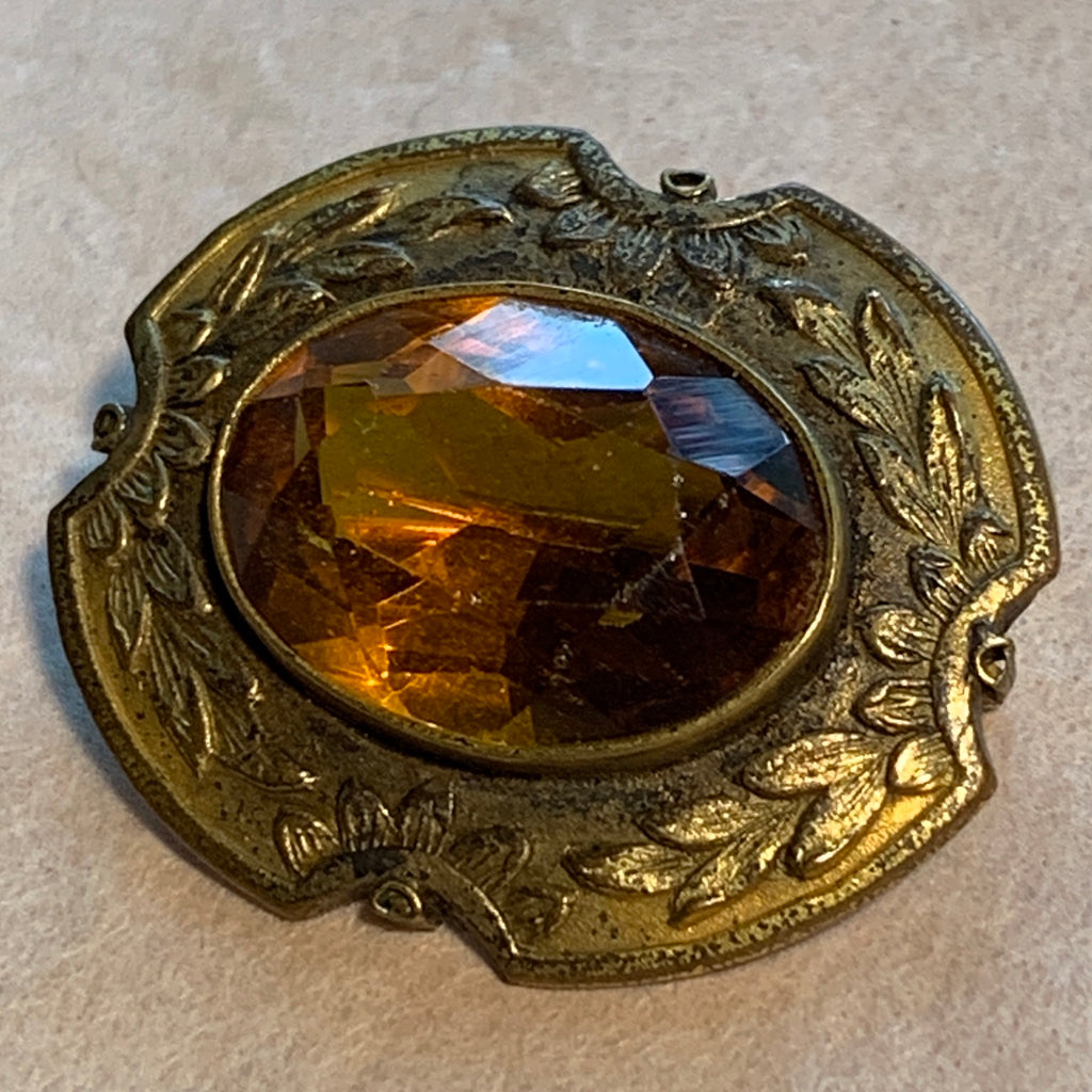 Vintage Brass Brooch, Amber Glass Stone