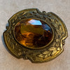 Vintage Brass Brooch, Amber Glass Stone