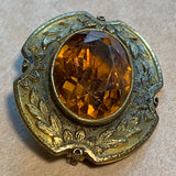 Vintage Brass Brooch, Amber Glass Stone