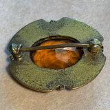 Vintage Brass Brooch, Amber Glass Stone