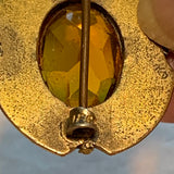 Vintage Brass Brooch, Amber Glass Stone