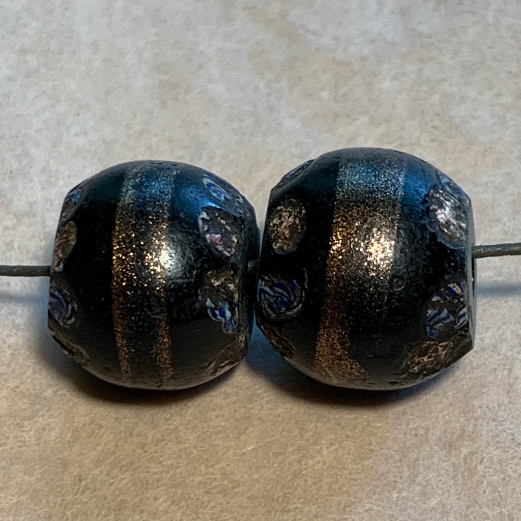 Fancy Black Venetian Glass Bead with Aventurine, Pair