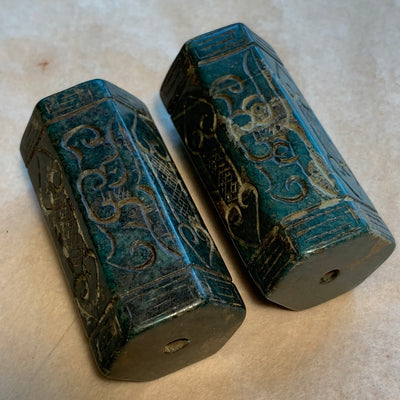 Large 6-Sided Green Jade Carved Bead