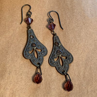 Vintage Brass & Amethyst Glass Earrings by Ruth