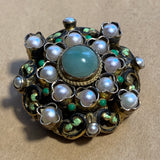 Vintage Gilded Enameled Pearl & Aventurine Brooch