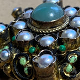 Vintage Gilded Enameled Pearl & Aventurine Brooch