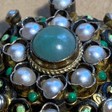 Vintage Gilded Enameled Pearl & Aventurine Brooch