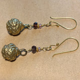 18 Karat Gold Earrings With Sapphire & Antique Button, Nepal