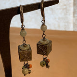 Jade, Silver & Coral Earrings