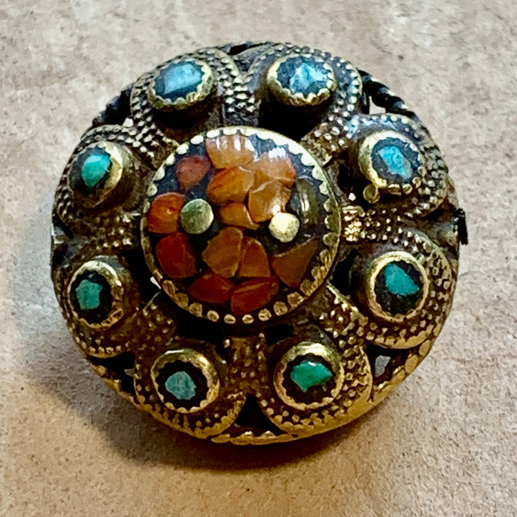 Nepalese Brass Bead with Coral and Turquoise