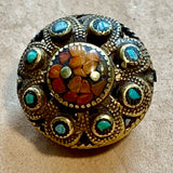 Nepalese Brass Bead with Coral and Turquoise