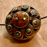 Nepalese Brass Bead with Coral and Turquoise