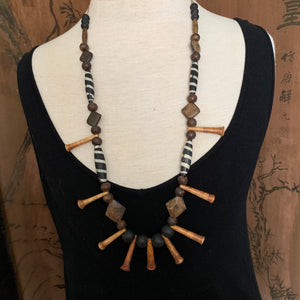 Unique Wood & Bone Necklace, Vintage Thai