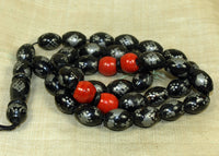 Older Black Coral and Silver Inlay Beads, Subha Necklace