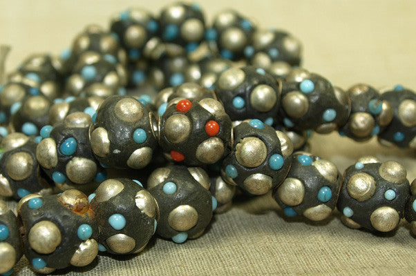 Himalayan Silver, Glass Turquoise and Coral "Paste" Beads