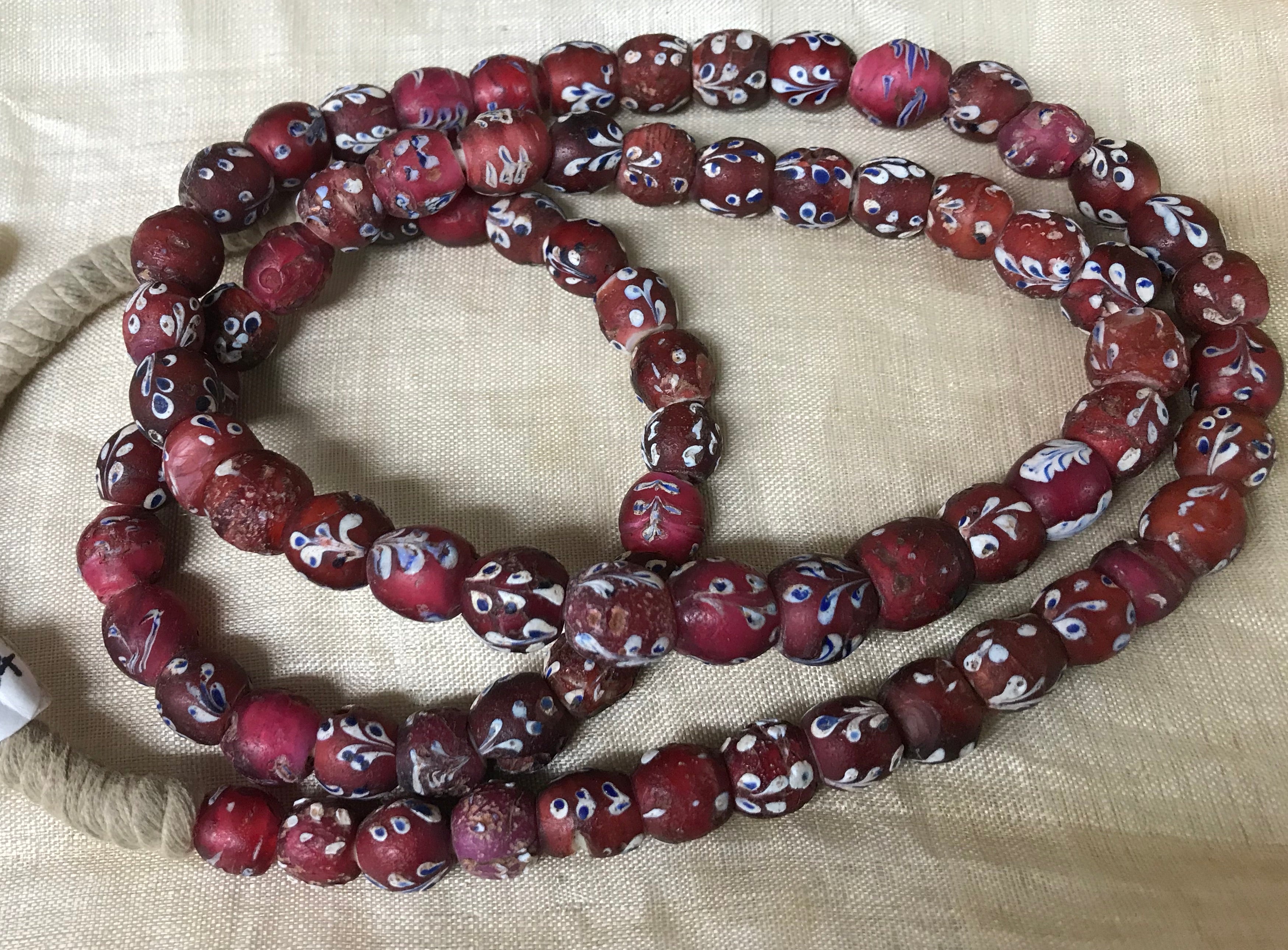 Murano Glass Red Beads With Blue Pink Flowers, Italian Glass Beads