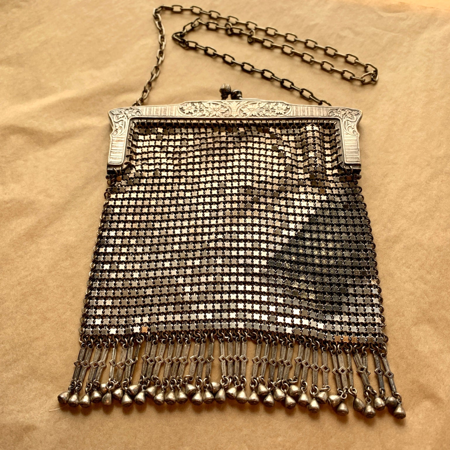 Early 1900s Victorian German Silver Metal Mesh Fringe Detail Chain Handle  Purse - Paper Doll Vintage Boutique & Paper Doll Curiosity Shoppe