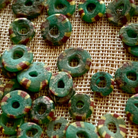 40 Antique Eja Beads, Green with Stripes