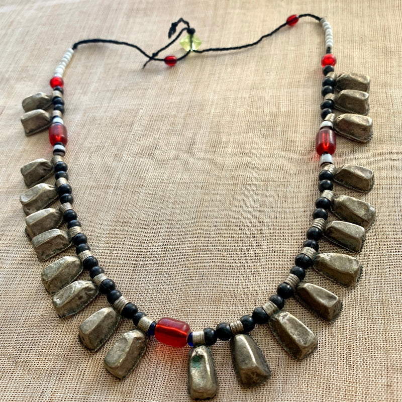 Men's long African necklace offers with Batik beads from Kenya, brass from Ethioipia and red bamboo coral - AN449