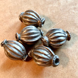 5 Antique Silver Fluted Beads, India