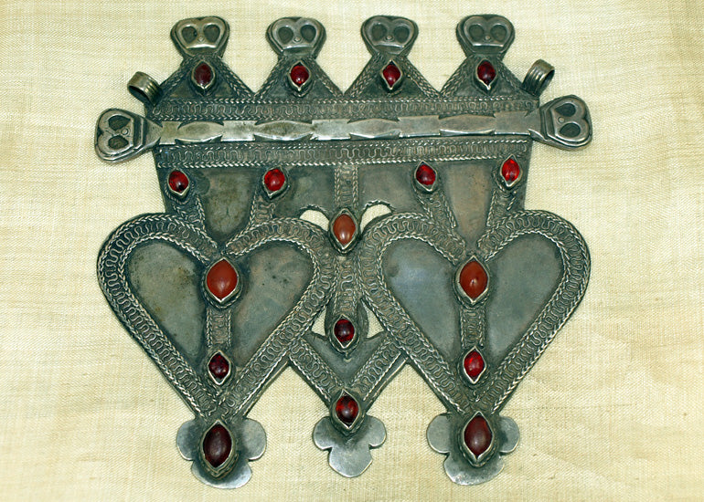 Large Silver and Carnelian Turkman Double Heart Pendant