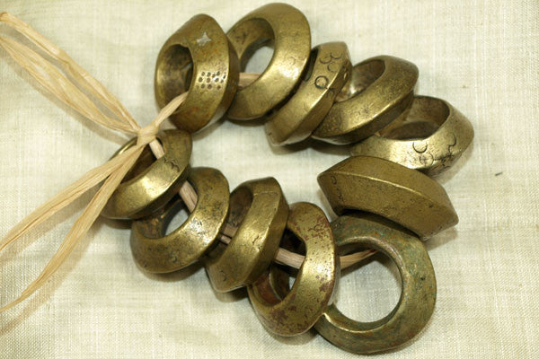 Heavy Cast Antique Brass & Bronze Hair Rings, Ethiopia