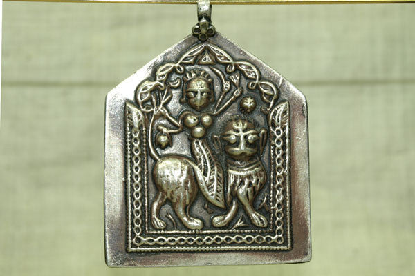 Huge Antique Solid Silver Durga Pedant from India