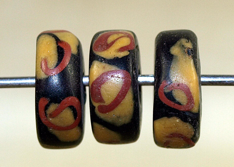 Antique Red, Yellow, and Black Glass Disc Beads